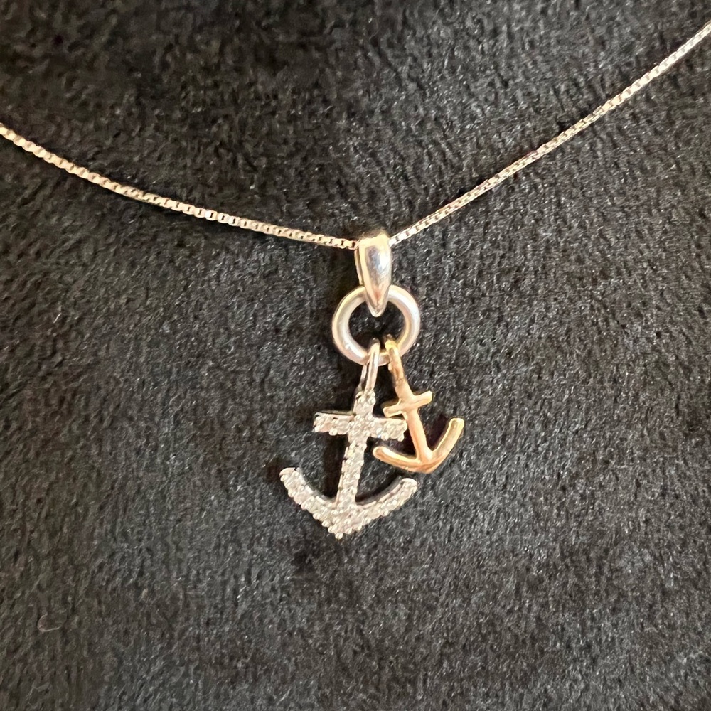 14k Two Tone Diamond Anchor Necklace - Picture 3 of 5